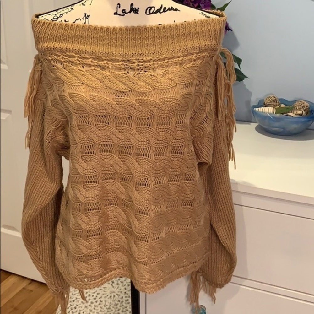 Western Tassel Sleeve Off Shoulder Pullover Sweater NWT - Picture 4 of 7